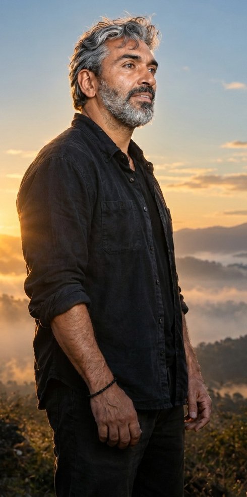 Pablo Bellini de pie frente a un amanecer entre montañas